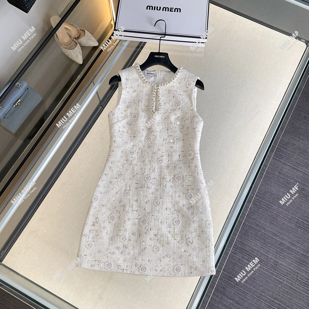 春新款法式名媛小香风圆领亮片镂空无袖连衣裙DY6577