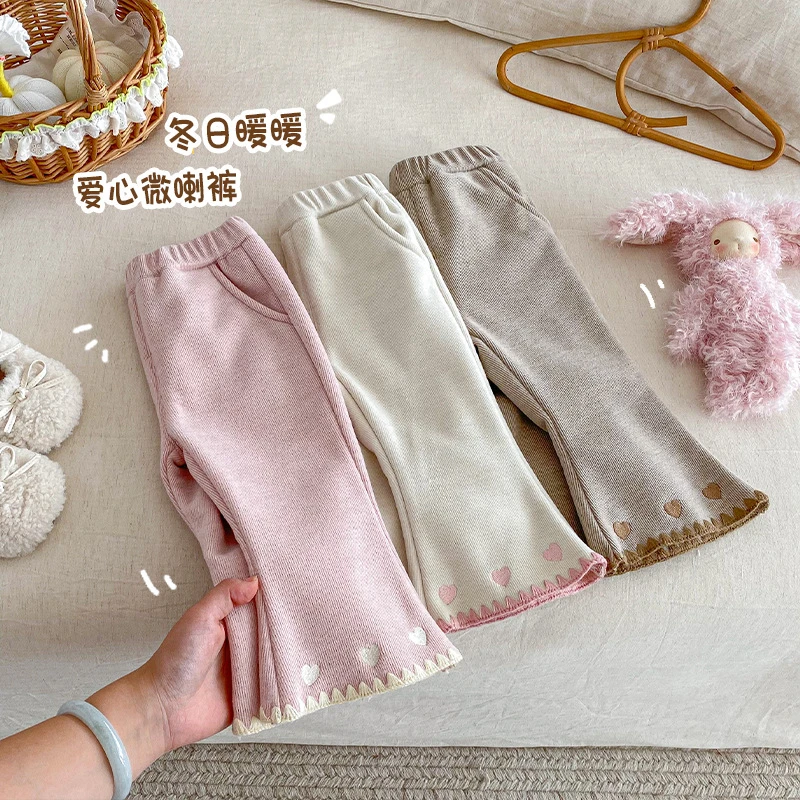 加绒女童喇叭裤新款冬季宝宝洋气爱心加厚休闲裤儿童韩版裤子