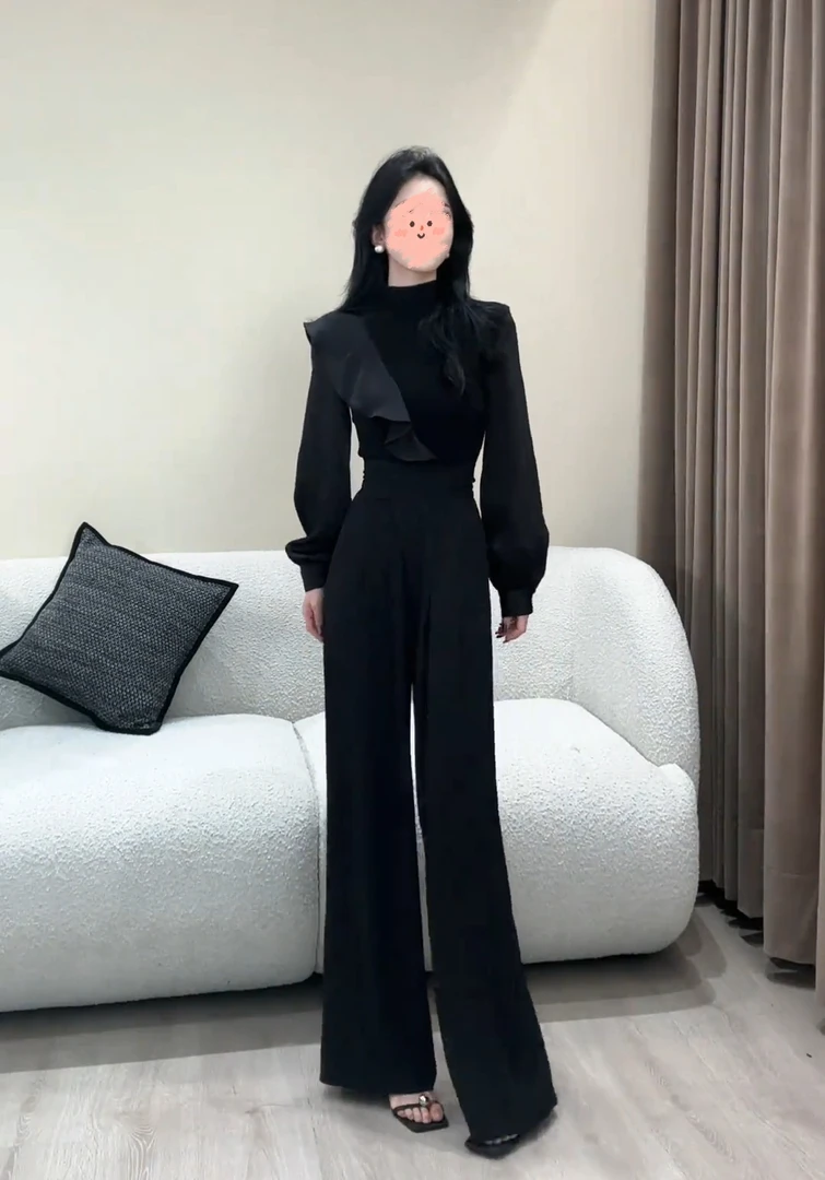 半高领长袖T恤女时尚修身显瘦上衣+高腰西装裤拖地裤