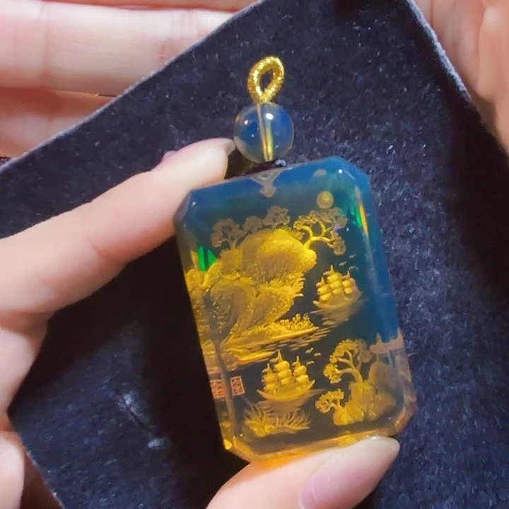 蓝珀未镶嵌珠宝奇石墨西哥蓝珀山水牌