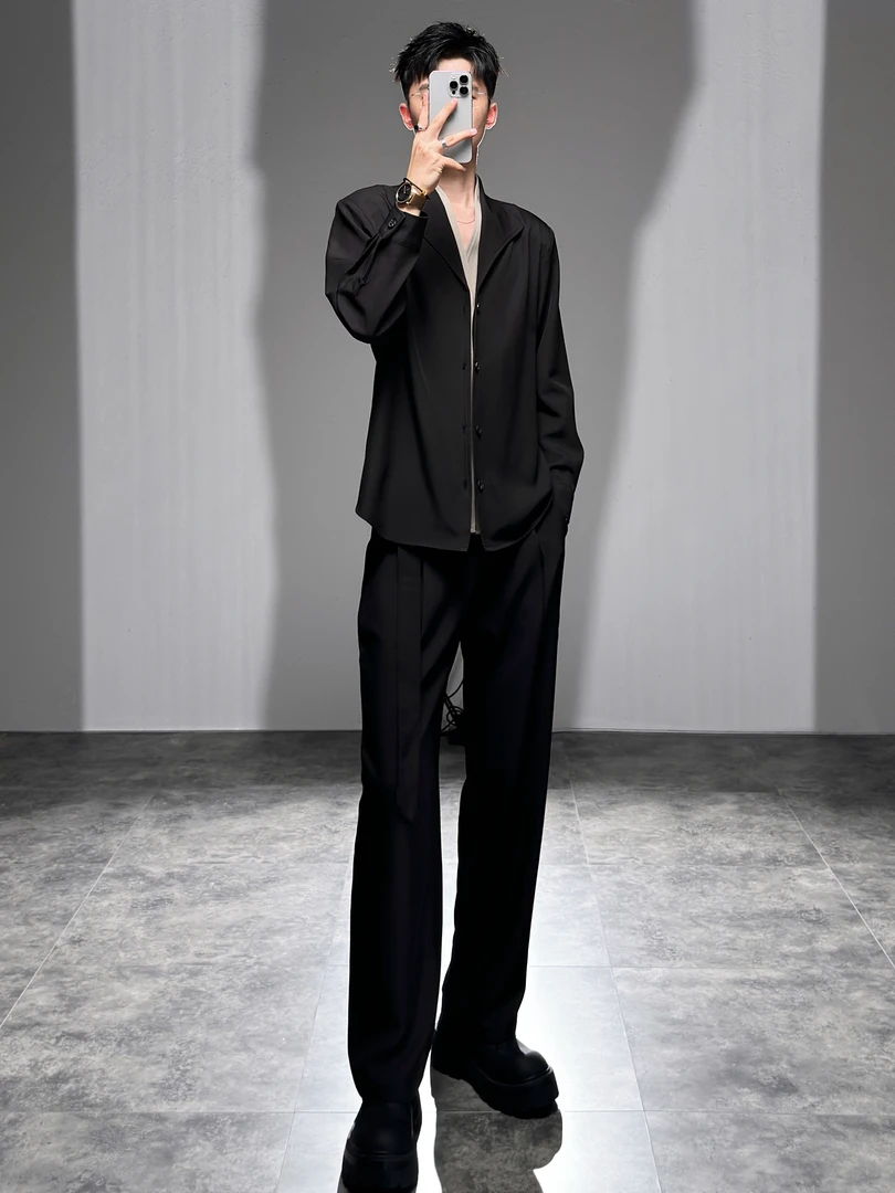 莱德的搭配 法式衬衫套装男时尚休闲两件套假两件拼接撞色痞帅潮