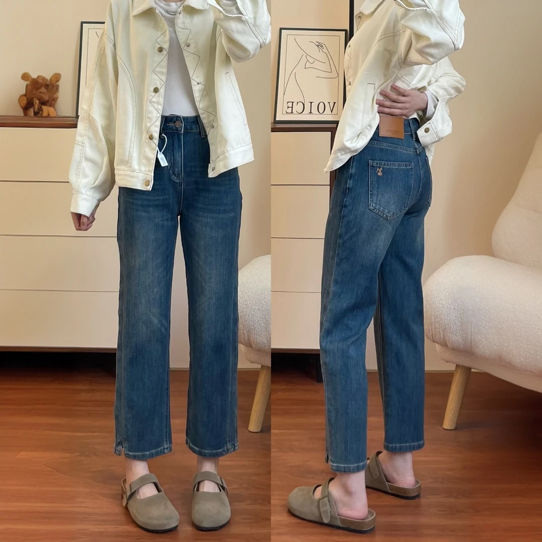 烟管裤女爆款2025新款九分开叉直筒牛仔裤显瘦弹力小个子窄版裤子