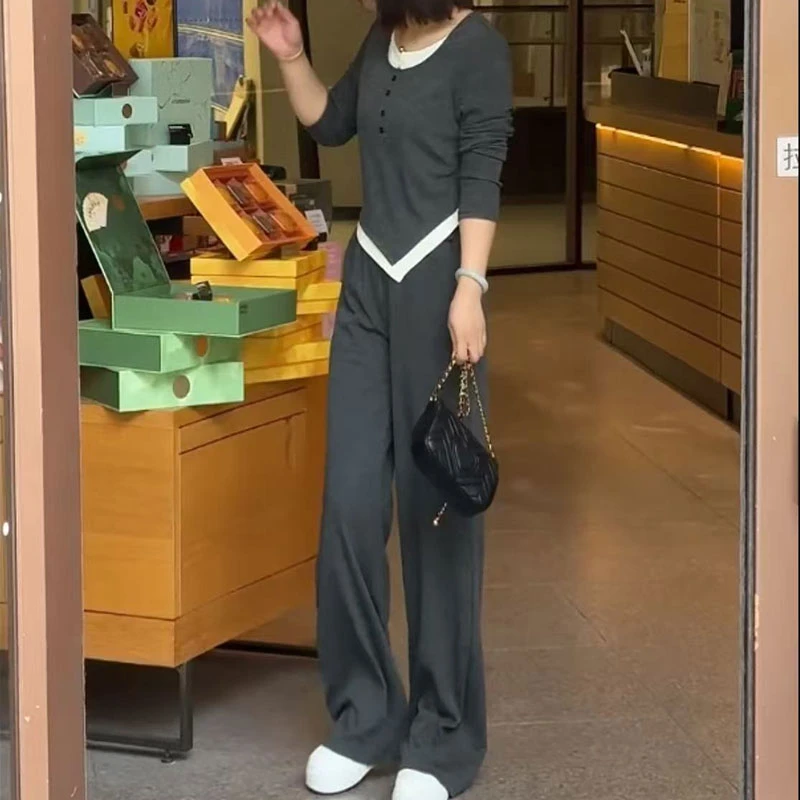 运动套装女2025新款抽绳假两件宽松显瘦休闲简约气质两件套LBZ