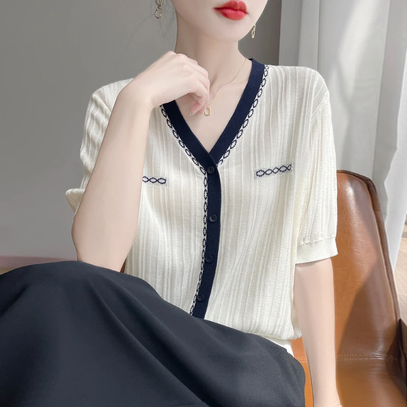 100天丝V领假开衫短袖t恤女欧货设计撞色休闲针织衫上衣时尚小衫