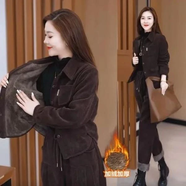 爆款现货20000件加绒加厚北极绒套装女秋冬新款气质休闲两件套