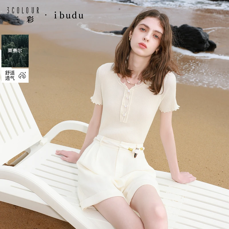 三彩ibudu2025夏季新款莱赛尔针织衫坑条木耳边修身毛衫短款女