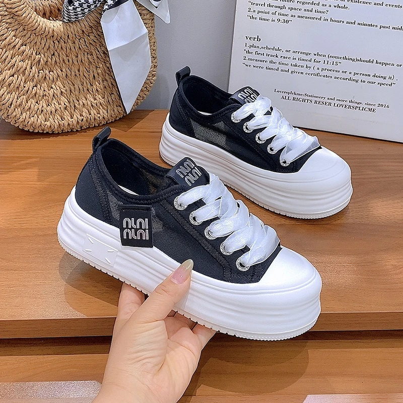 韩版轻便发泡底厚底网面鞋女真皮透气百搭系带时尚运动休闲鞋单鞋