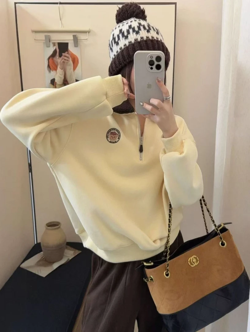 T1025 小熊翻领 韩版翻领半拉链套头卫衣女