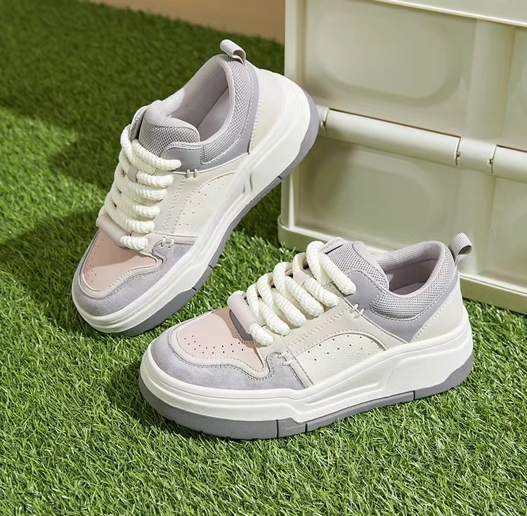 C2682  浅灰色  时尚厚底圆头系带女休闲板鞋