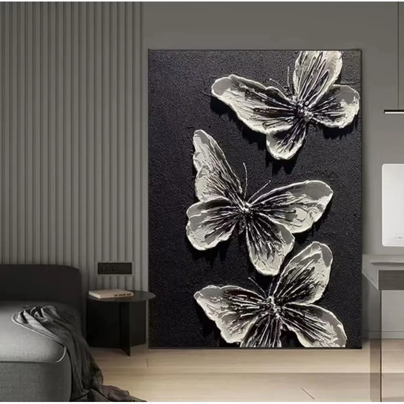 YH06黑白蝴蝶抽象肌理感手工砂岩装饰画客厅玄关立体挂画轻奢质感