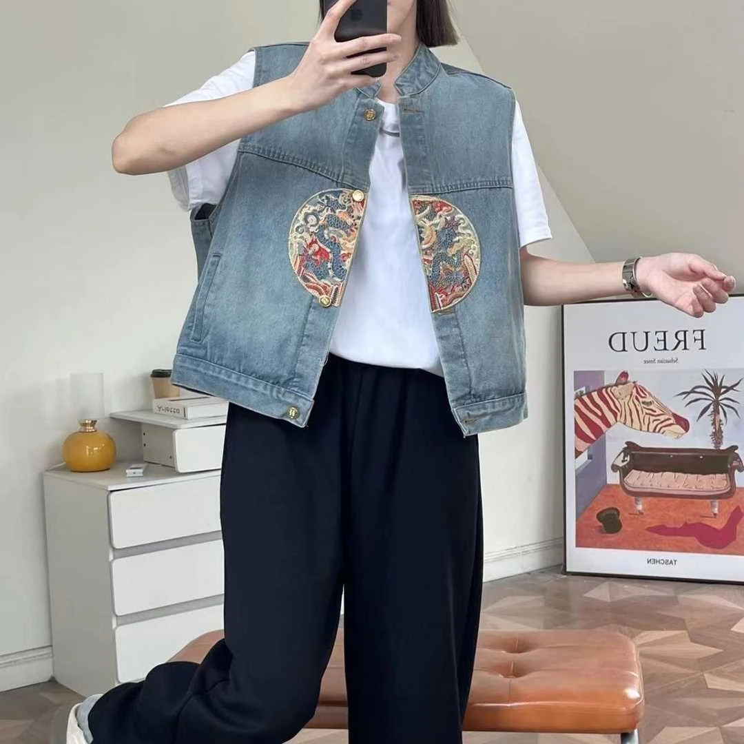 2024夏季马甲外套高级感不规则重工刺绣遮肉新中式国风牛仔外套