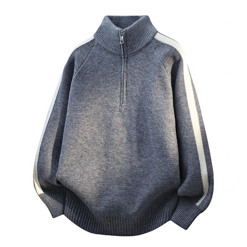 撞色半高拉链领时尚毛衣男青少年秋冬季休闲线衣宽松套头针织衫潮