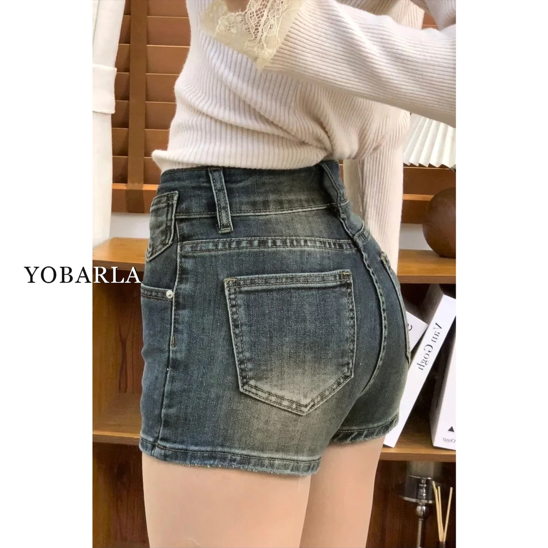 复古弹力牛仔短裤女秋冬新款胖mm大码显瘦梨型身材高腰a字热裤子