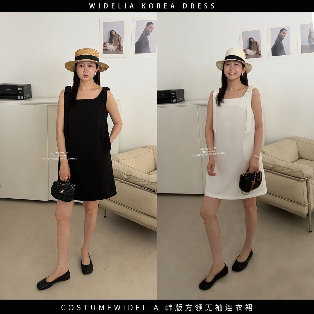 widelia夏季7332韩版无袖方领显瘦气质连衣裙调节扣宽松中长半裙