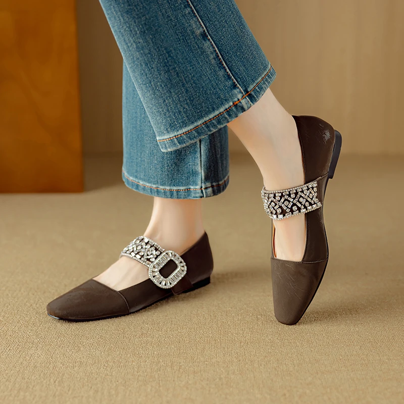 羊皮1公分/法式优雅水钻方扣玛丽珍鞋方头浅口百搭舒适真皮单鞋