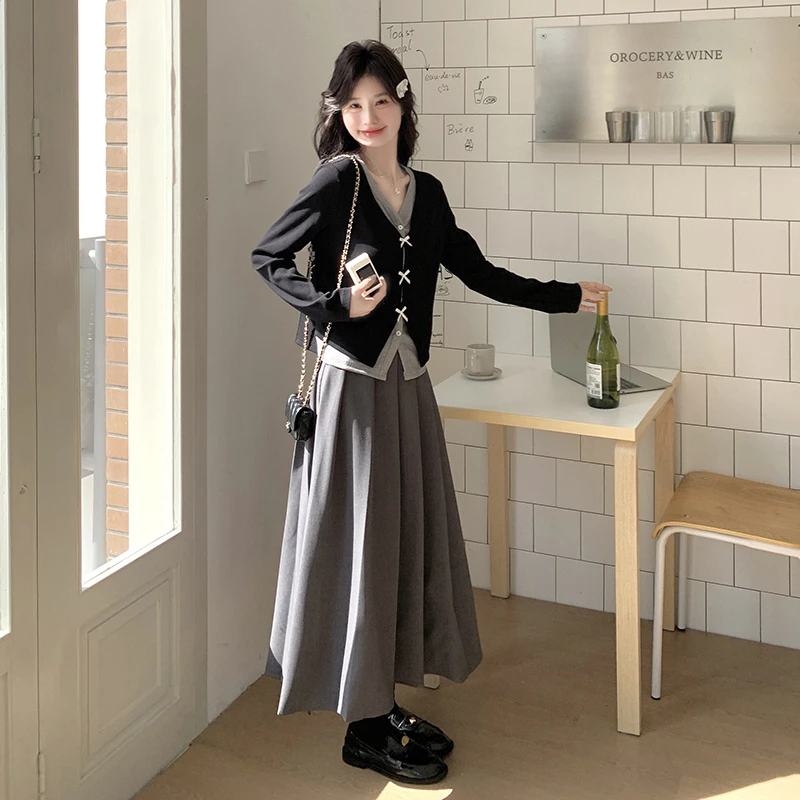 miu系撞色假两件蝴蝶结上衣半身裙套装女2025秋季韩系氛围感穿搭