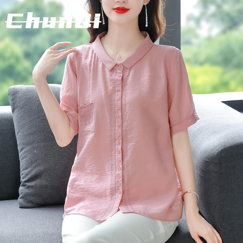 淳启短袖衬衫女士夏装新款文艺复古宽松上衣中年妈妈洋气t恤小衫