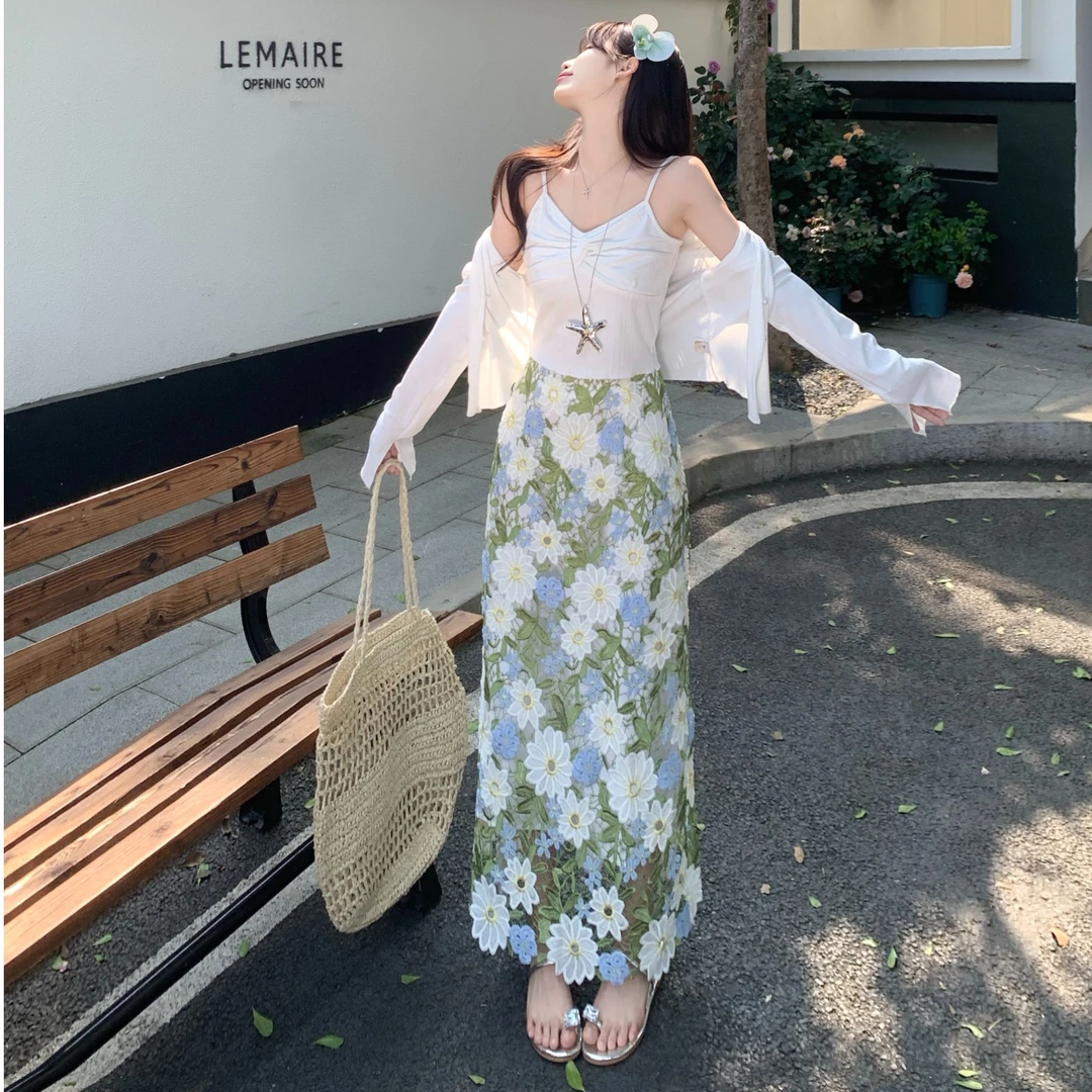 7379 大码海边度假高级感气质白色开衫+吊带背心+半身裙三件套