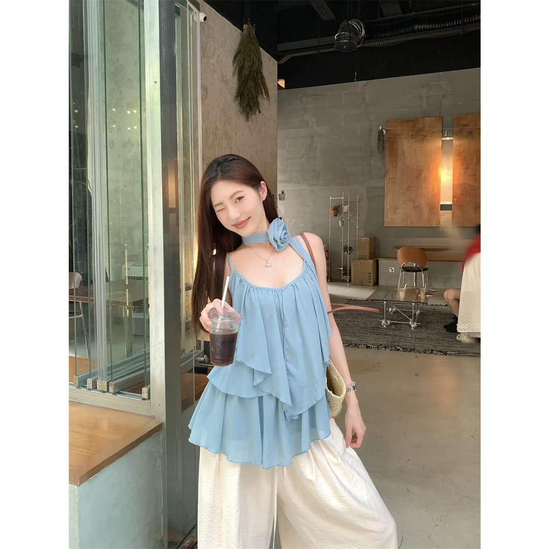 甜美少女纯欲风黄色雪纺吊带背心女夏季松紧腰抽绳阔腿长裤两件套