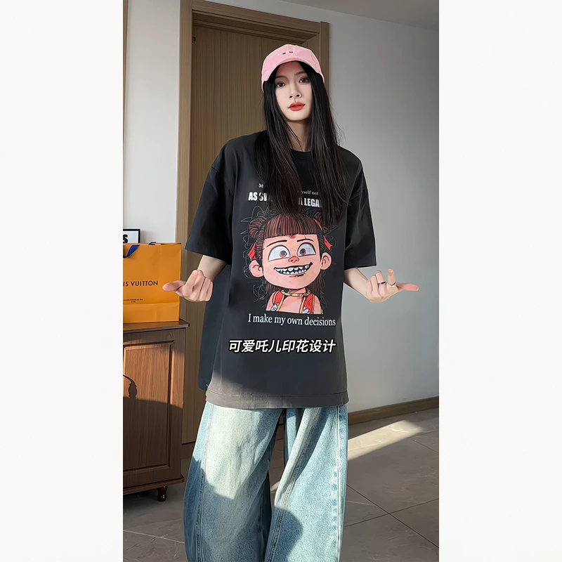 热血哪吒短袖来袭重磅水洗做旧渲染宽松t恤hiphop半截袖