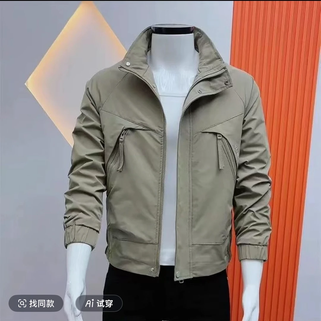 秋季时尚百搭立领男韩版绿色户外冲锋夹克夹克修身帅气外套