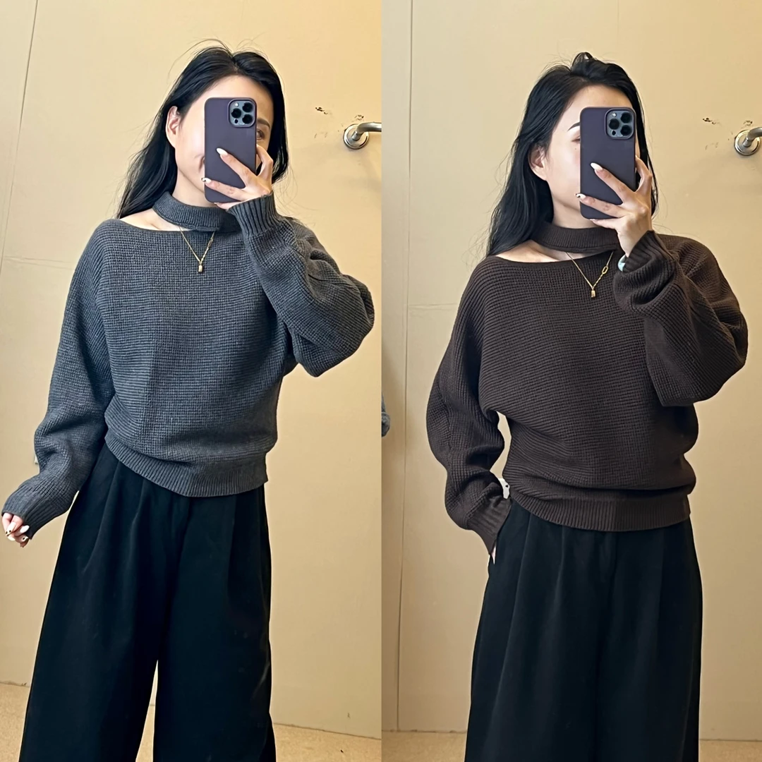 高级感华夫格柔软斜肩挂脖毛衣