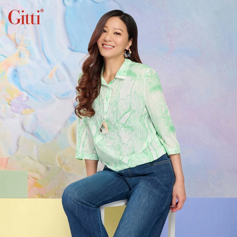 Gitti/吉蒂春季新品七分袖印花衬衫女减龄POLO领中袖上衣G251043