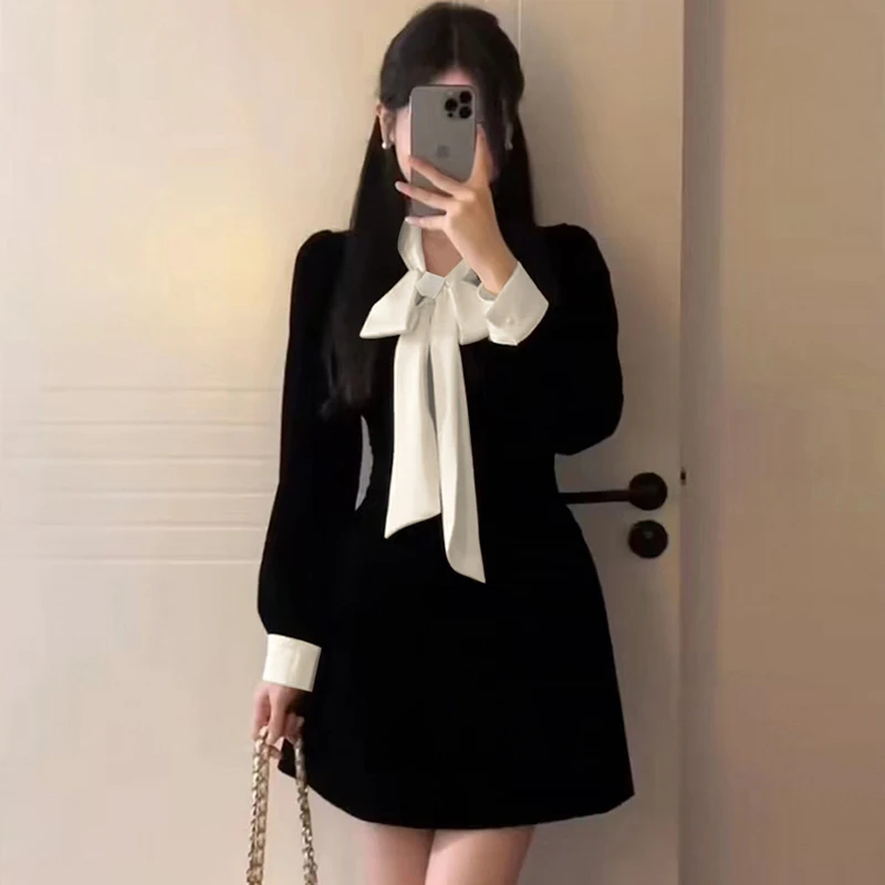 小香风蝴蝶结连衣裙女收腰显瘦气质法式内搭赫本风小黑裙2987