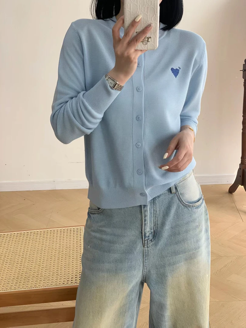 时尚爱心刺绣柔软细羊毛开衫女2025春季新欧货高品显瘦百搭上衣潮