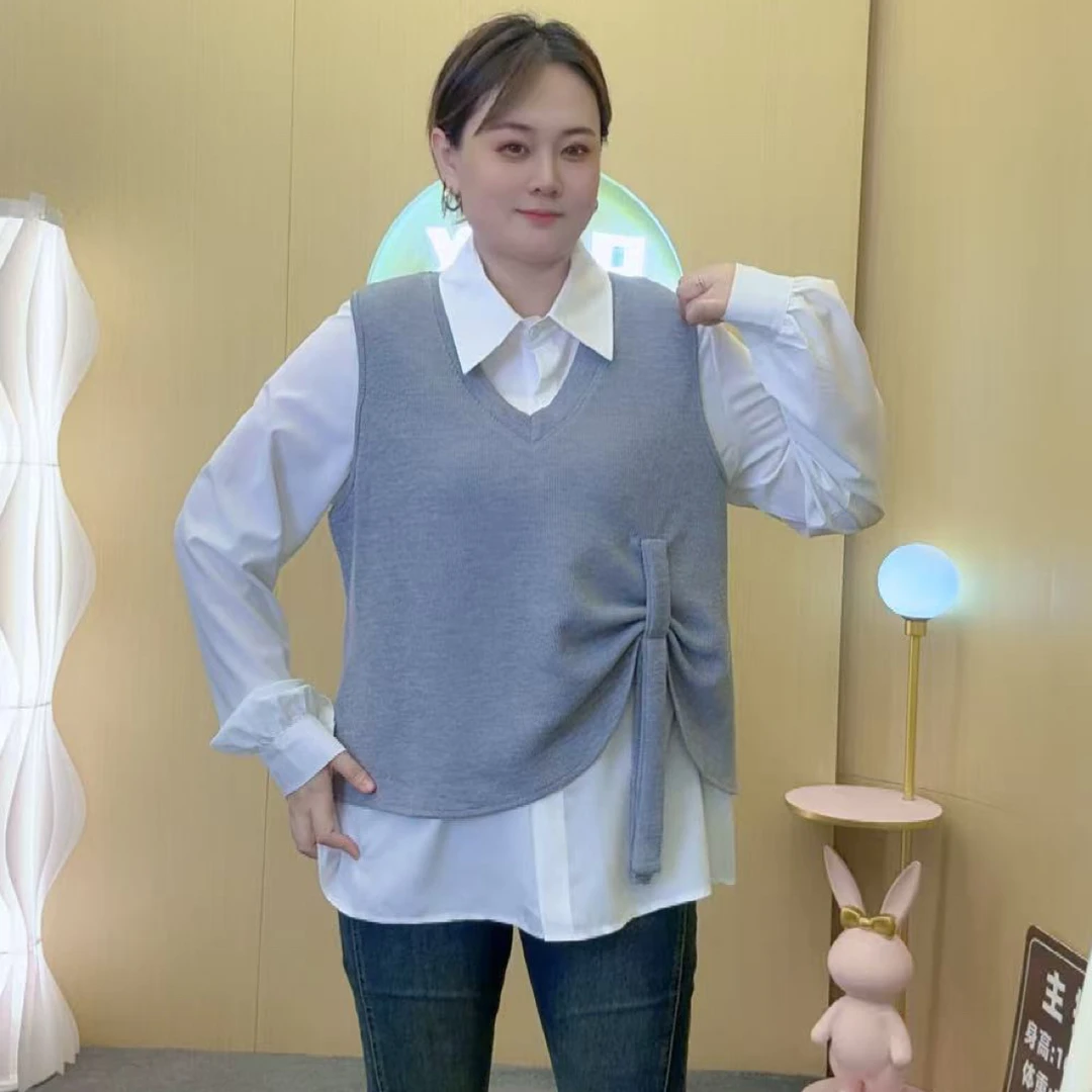 休闲减龄针织马甲背心衬衣两件套装秋季新款大码女装显瘦洋气上衣