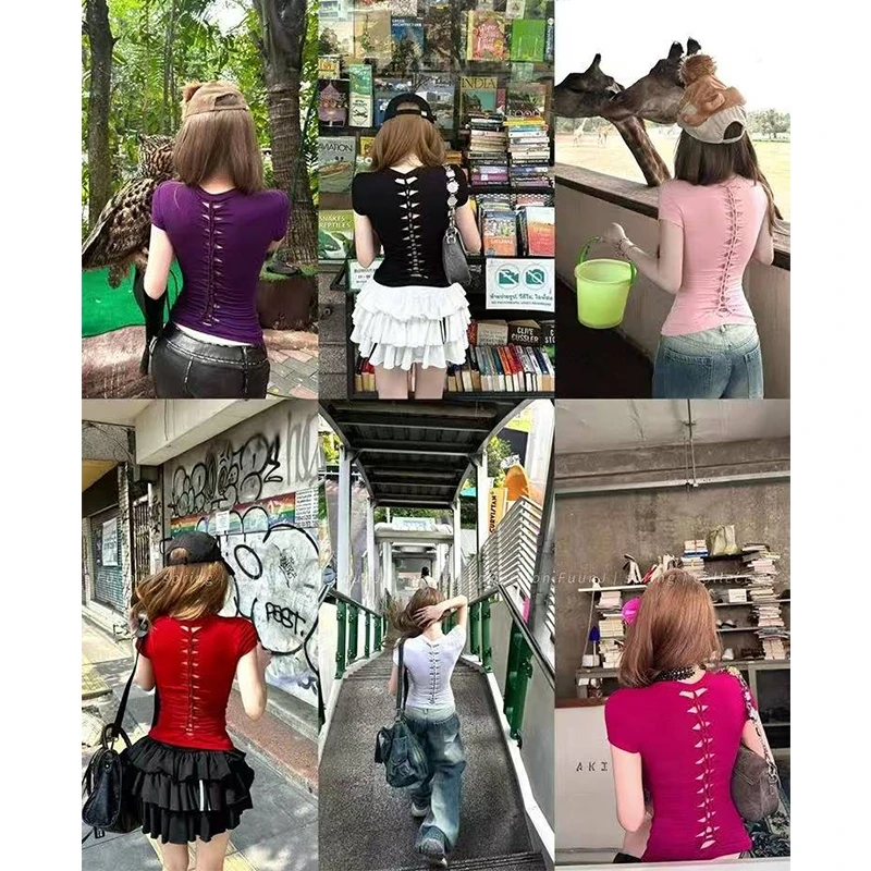 【mimius】&喵喵 辣妹风纯欲漫画腰修身镂空T恤（含胸垫） G02340