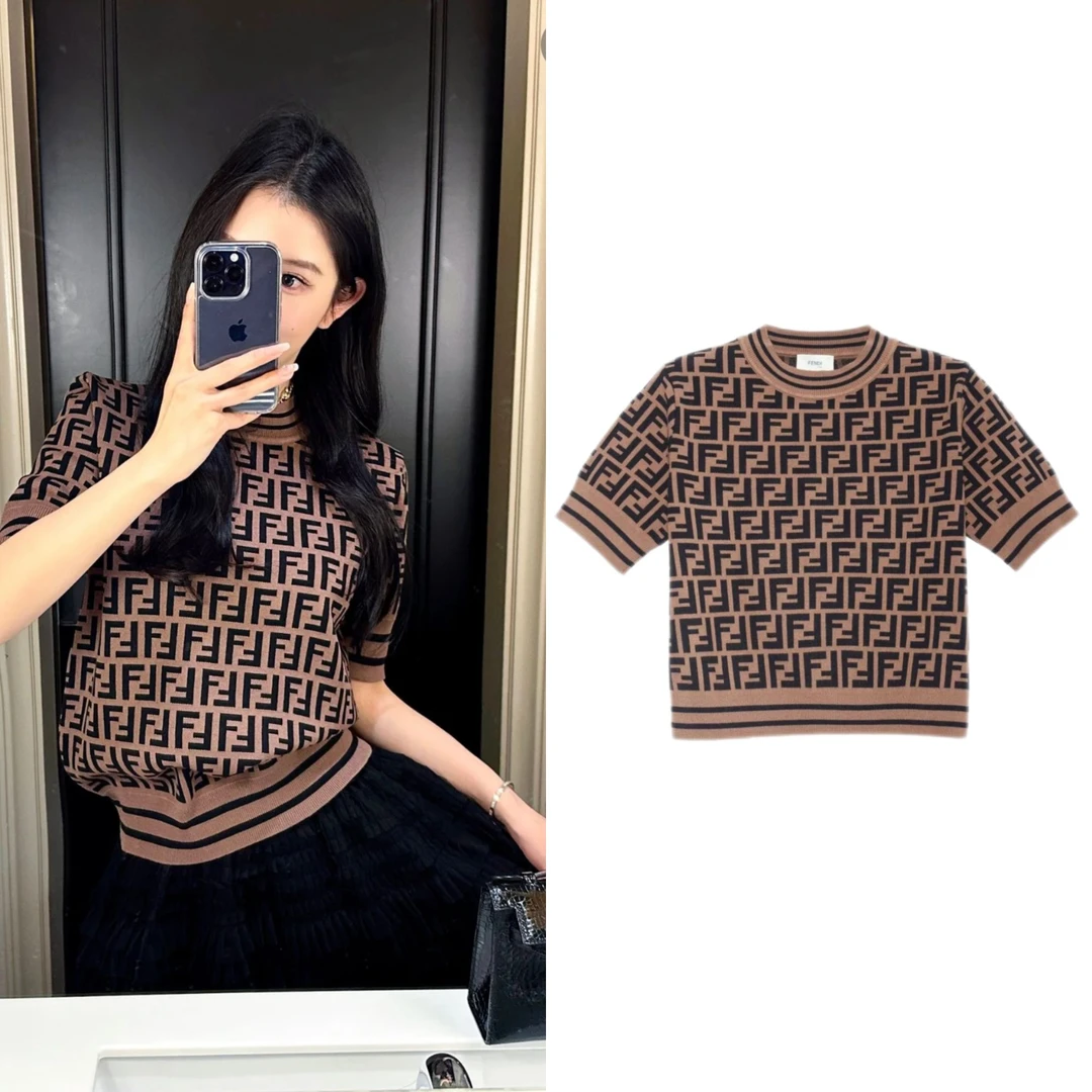 未使用 FENDI/芬迪 SS25毛衣 FF徽标圆领短袖 棕色