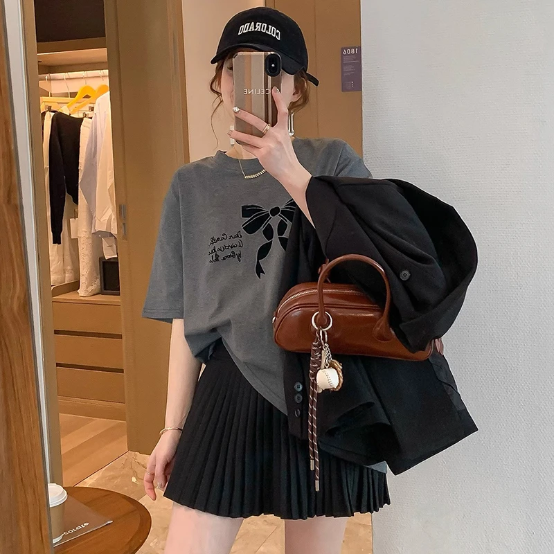 2025春季新款灰色圆领短袖字母印花T恤女宽松打底上衣