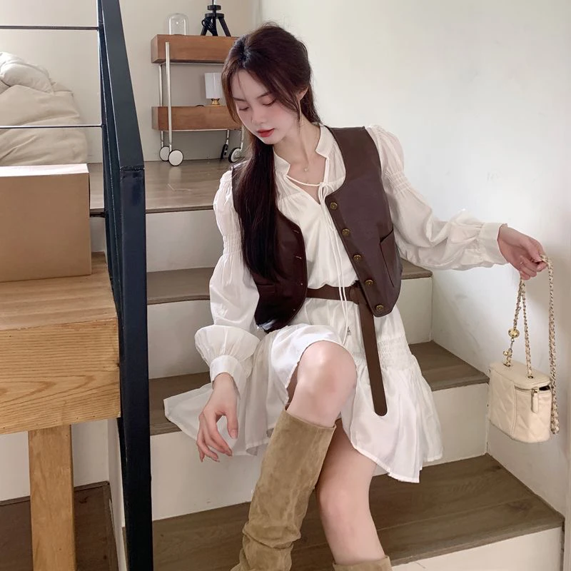 法式白色长袖连衣裙套装2025新款秋季系带气质马甲收腰长裙