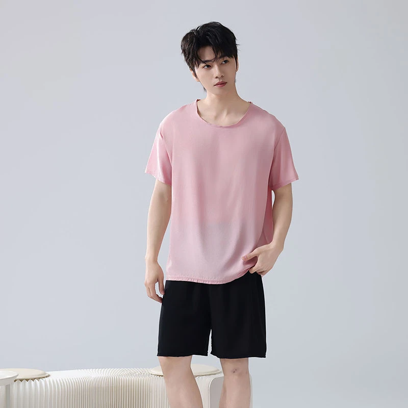 棉绸睡衣男款2025夏季新款短袖T恤短裤家居服宽松大码人造棉套装
