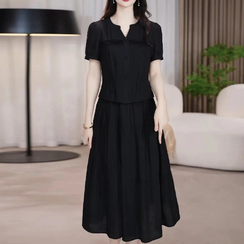 高级冰丝绉简约时尚纯色假俩件礼服裙2025夏季新款中年妈妈连衣裙