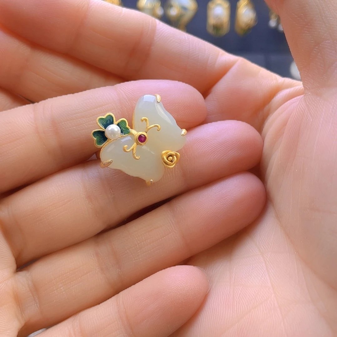 和田玉戒指银S925镀金镶嵌