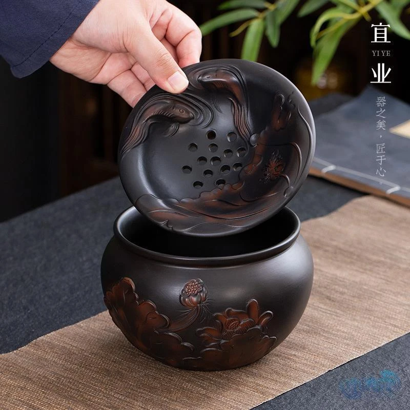 当代紫陶复古家用茶渣缸茶洗陶瓷水盂大号干湿分离桌面废茶水桶AB