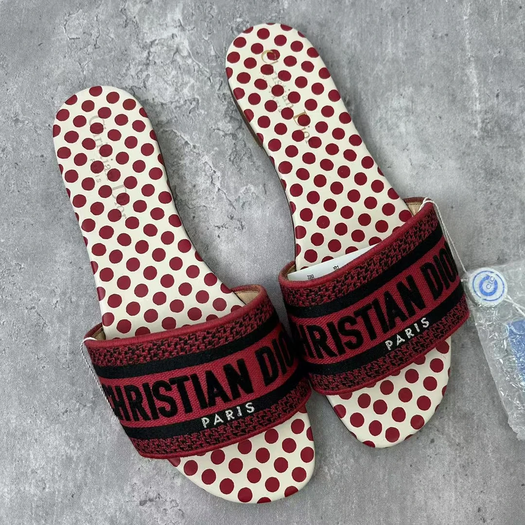 95新 DIOR/迪奥 38码/仔仔女鞋/红色波点一字带平底拖鞋 xxs1264
