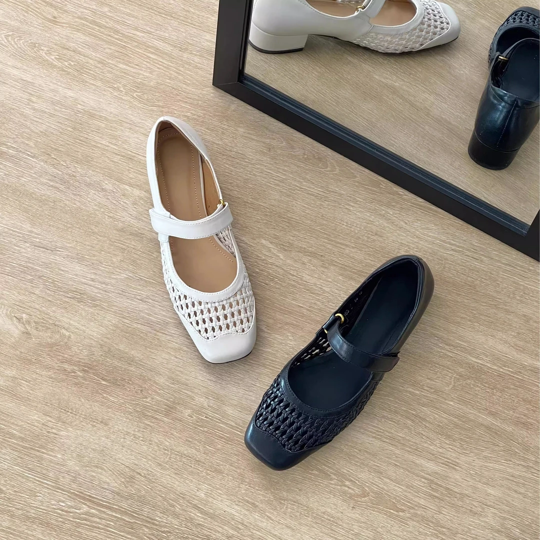 HUSSLOVE 牛皮+编织·跟高3CM·复古编织镂空魔术贴一字带单鞋