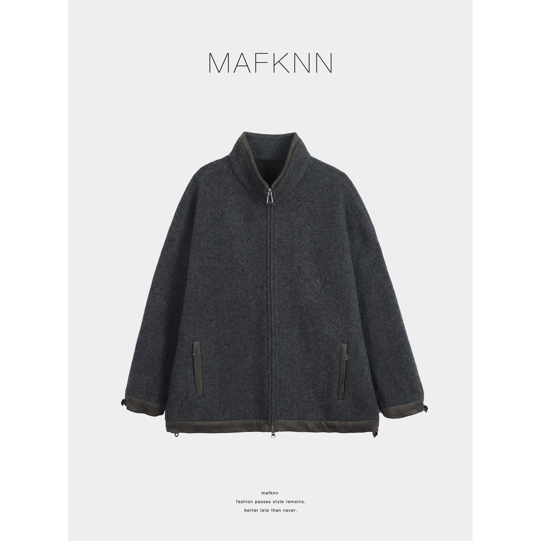 MAFKNN/玛肯时尚休闲简约纯色百搭拉链毛呢大衣MK13895