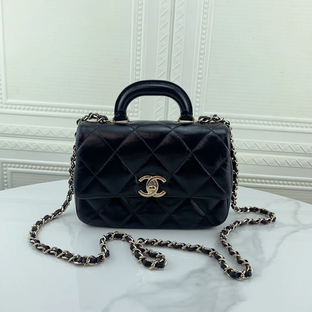 99新 Chanel/香奈儿 黑金24C手柄方胖子油蜡皮皮质