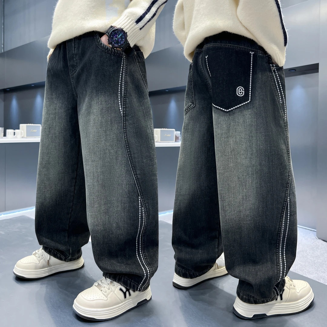 男童加绒牛仔裤2025新款秋冬一体绒直筒裤子大儿童加厚冬装长裤潮