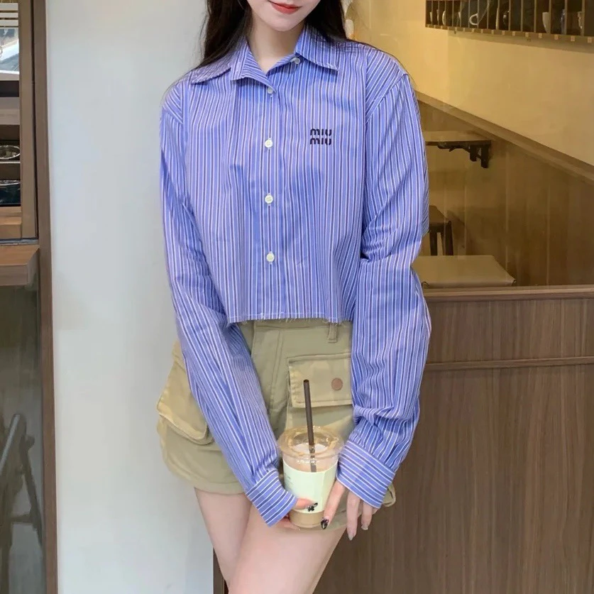 99新 MIU MIU/缪缪 24ss蓝色条纹logo衬衫 40码