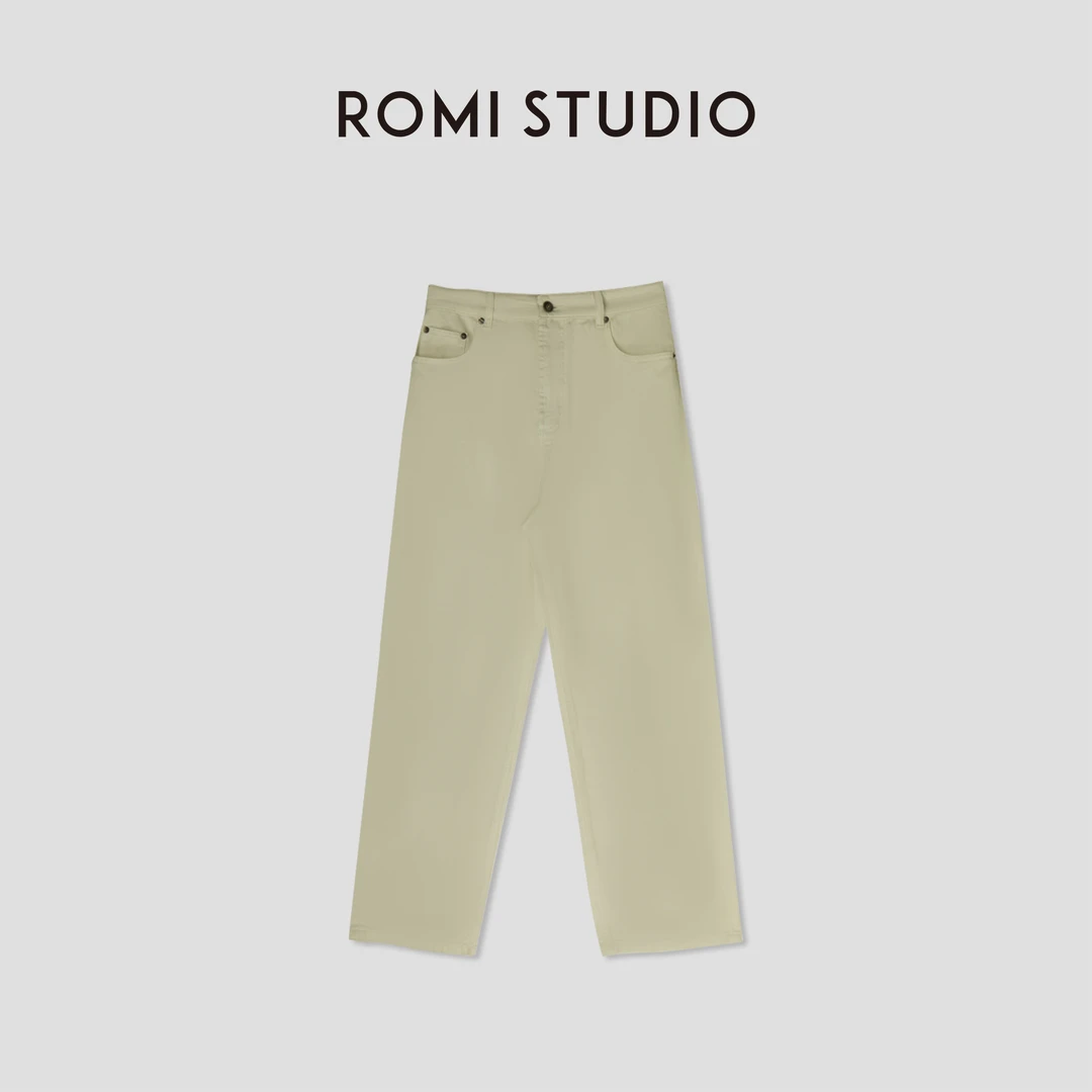 ROMI STUDIO【luxy系列】纯色百搭直筒复古绿宽松高腰牛仔裤 K3619