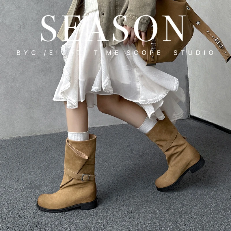 真皮骑士靴2025年秋冬季新款短筒女靴子西部靴短靴厚底中筒瘦瘦靴