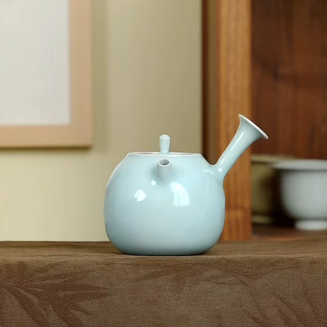 天青粉青急须壶侧把壶严卫恩龙泉青瓷开片可养