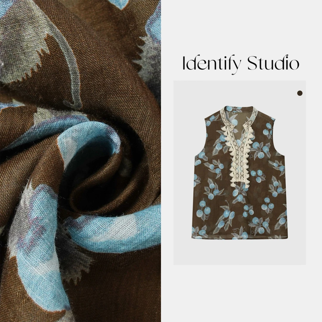 IDENTIFY"蓝樱桃"夏季新款印花拼接流苏苎麻马甲25SSZX06034