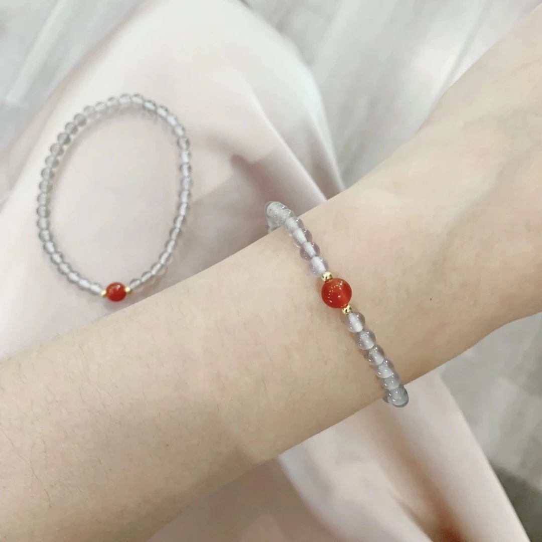 天然灰玛瑪腦配红瑪腦顶珠单圈6mm手串简约百搭轻奢闺蜜手链礼物
