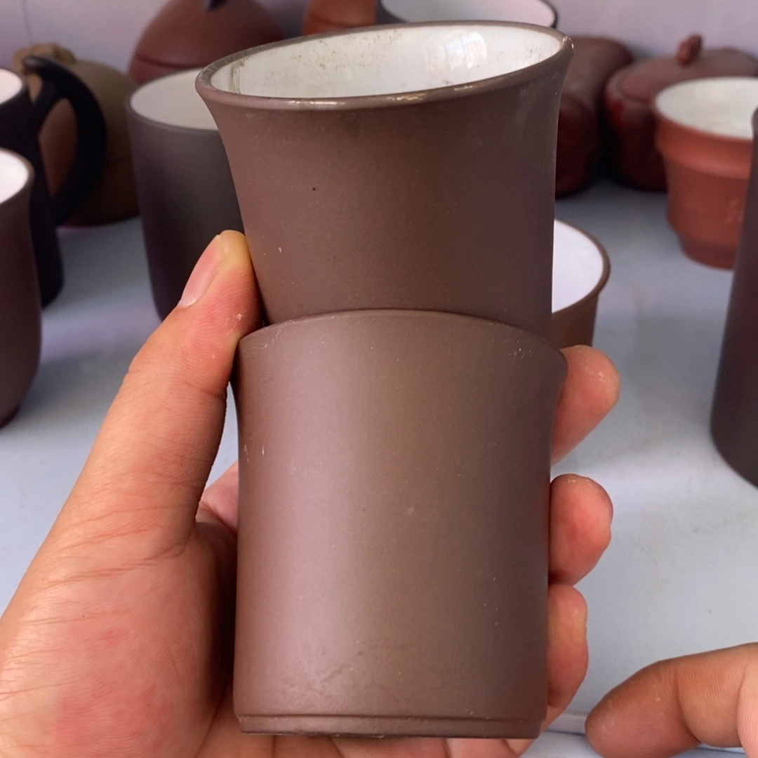 茶壶紫砂90年代老紫泥竹节白釉杯120cc两个